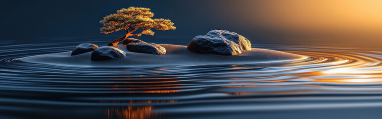 A minimalist digital interpretation of a zen garden: smooth, reflective surfaces with glowing, concentric ripples surrounding abstract stones and bonsai trees. 
