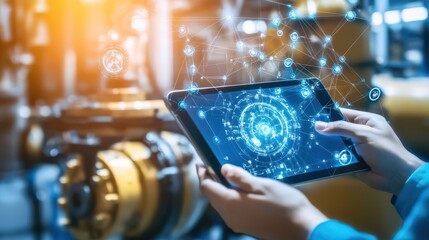 A person is holding a tablet with a blue screen that has a lot of lines