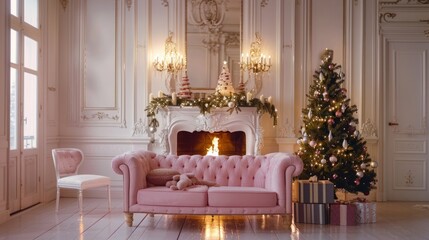 Warm and cozy classical luxury interior of a white room with pink sofa decorated fireplace, Christmas tree, garlands, candles,lanterns, gifts in the morning