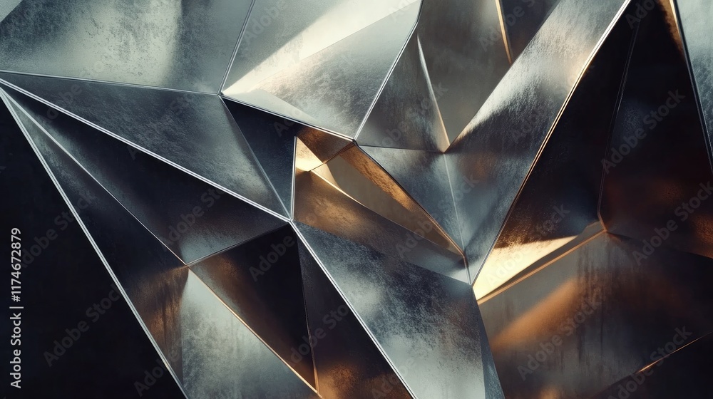 Poster abstract metallic geometric shapes with light reflection and texture