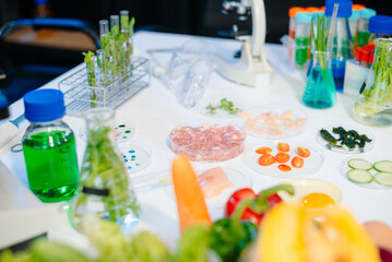 Explore a modern food science lab with fresh samples, test tubes, and microscopes. Ideal for biotechnology