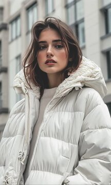 Portrait of a girl in the city in white puffer.