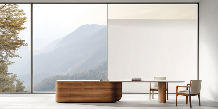 Ein modernes Wohninterieur mit leerer Wand, Holzm&ouml;beln und einem gro&szlig;en Fenster mit Blick auf die Natur, ein Konzept minimalistischen Designs