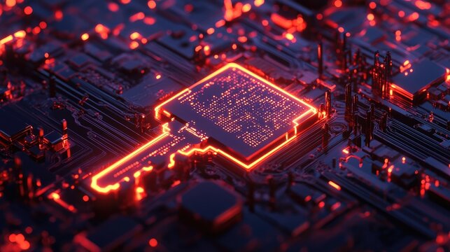 Futuristic Circuit Board Technology with Glowing Red Elements