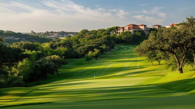 A panoramic view of a lush green golf course with perfectly manicured greens and a picturesque clubhouse in the distance.