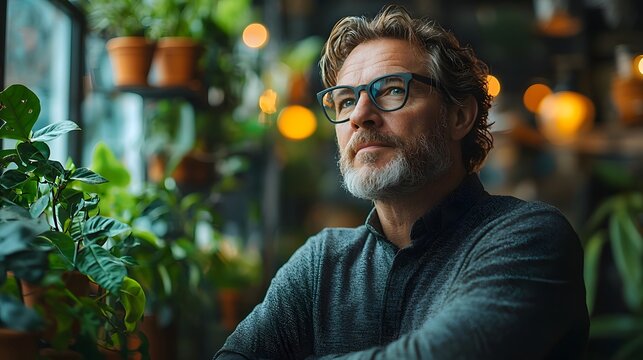 Mature Businessman Examining Environmental Impact Reports in Green Corporate Setting - Powered by Adobe