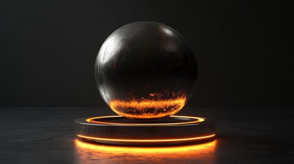 Glossy Black Sphere with Fiery Glow on Dark Reflective Surface