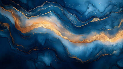 Fototapeta premium An abstract fluid art piece featuring deep blue and gold hues, creating a wave-like pattern that evokes tranquility and elegance.