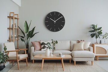 A minimalist living room features a beige sectional sofa, a large black wall clock, wooden shelves, potted plants, and a light wood coffee table. Neutral color palette and clean lines dominate the spa