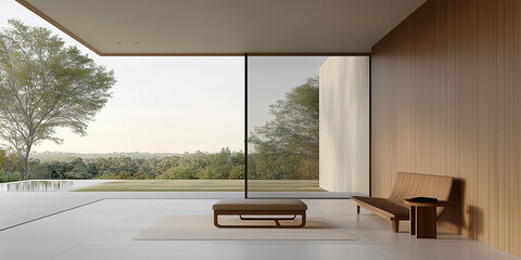 Ein modernes Wohninterieur mit leerer Wand, Holzmöbeln und einem großen Fenster mit Blick auf die Natur, ein Konzept minimalistischen Designs