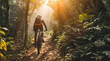 Obraz premium A picturesque view of a mountain biker riding down a rugged trail surrounded by dense forest,