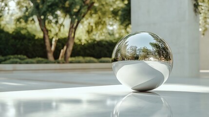 Reflective sphere resting on a surface in a lush outdoor setting