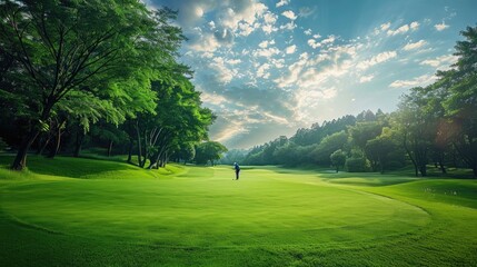 A scenic view of a golfer preparing to tee off on a lush, green course,