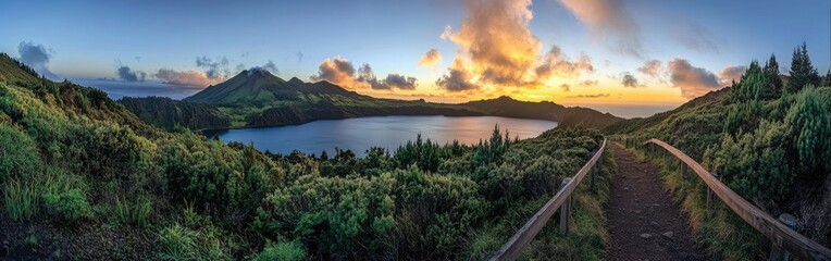 A panoramic view of an incredible vista on the Azores Islands, featuring beautiful mountains and a lake with a wooden guardrail path leading to it at sunrise, set against a beautiful sky.