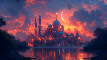 Obraz premium A stunning sunset scene featuring a grand palace with domes and towers, reflecting in a serene body of water under a crescent moon.
