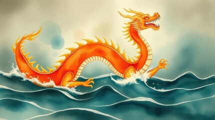 Orange dragon swimming ocean waves, Asian myth.