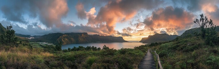 A panoramic view of an incredible vista on the Islands, featuring beautiful mountains and a lake with a wooden guardrail path leading to it at sunrise, set against a beautiful sky.