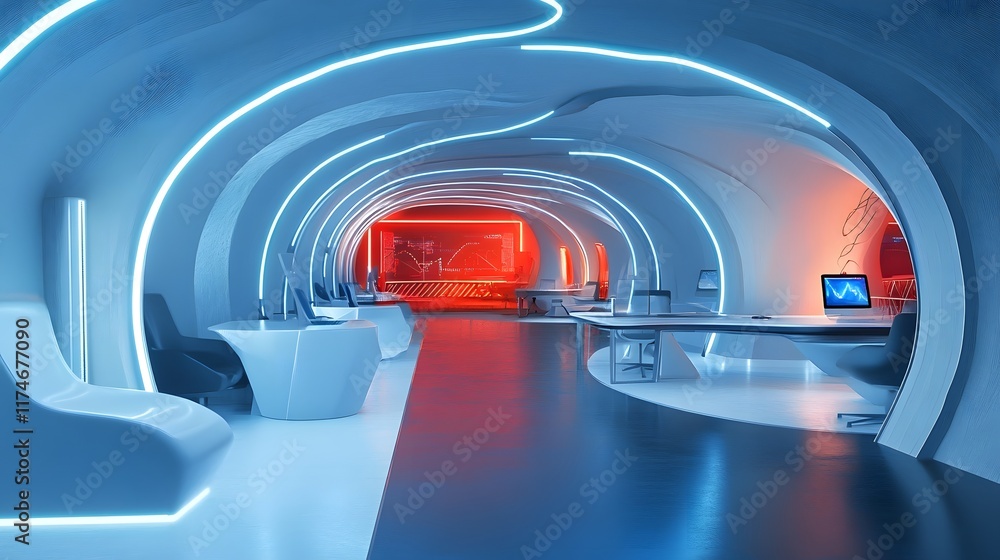 Poster cutting edge futuristic workspace for tech professionals with touch sensitive desks and smart