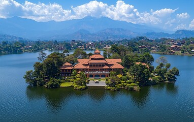 Naklejka premium Island palace aerial view, lake, mountains, lush greenery.