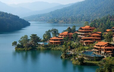 Naklejka premium Lakeside resort nestled in mountains.