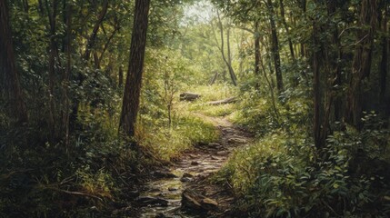 Naklejka premium Sunlit Path Through a Verdant Forest