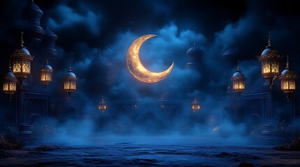 Illuminated Mosque at Night Under Crescent Moon