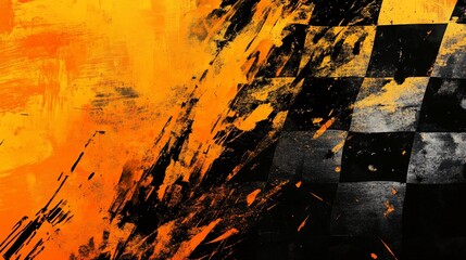 Abstract checkered flag with vibrant orange and black paint splatters.