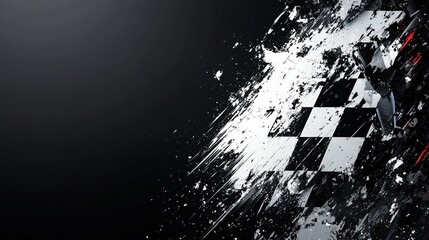 Abstract checkered flag design with dynamic paint splatters.