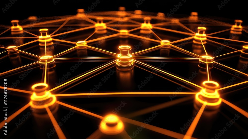 Poster network connection visualization with bright orange nodes and lines