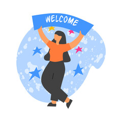 Welcome illustration set featuring cheerful people holding banners and signs in vibrant flat design. Perfect for invitations, greetings, or event promotions. Vector and editable