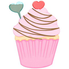 Pink cupcake drizzled with chocolate sauce, perfect for Valentine's Day decoration.
