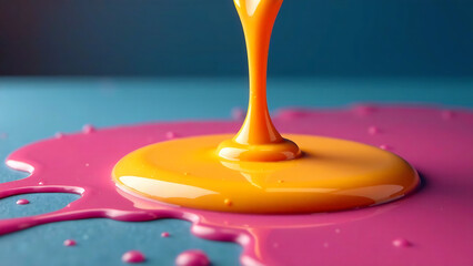 Liquid paint slowly pouring on a color background