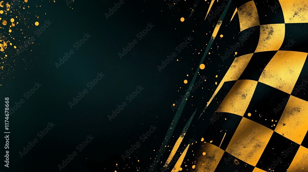 Poster checkered flag waving on dark background with gold splatter.