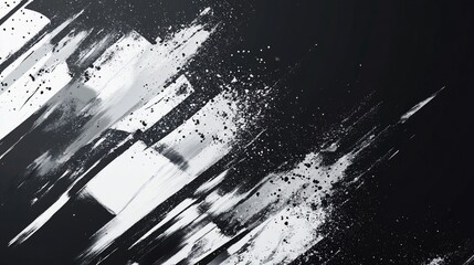 Abstract monochrome design with dynamic brushstrokes and splatters.