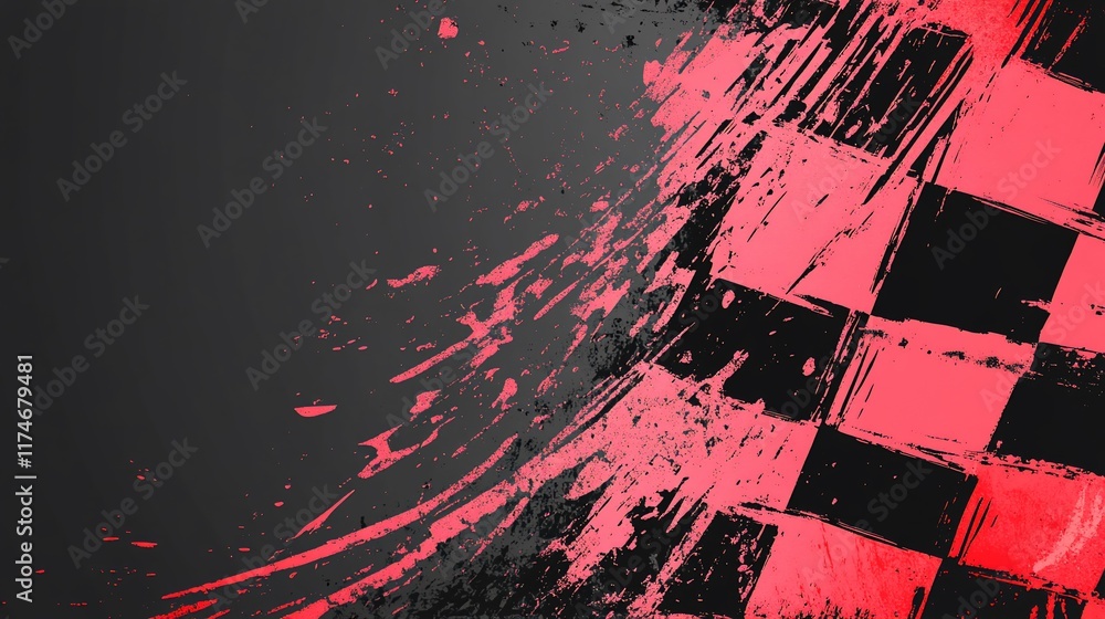 Poster Abstract checkered flag design with paint splatter effects. (1)