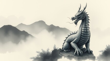 Majestic dragon overlooking misty mountains; mythical creature in Asian landscape; art print.