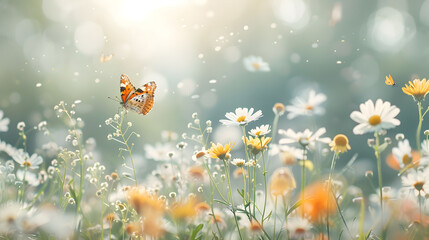 Fototapeta premium Butterfly is flying in a field of flowers