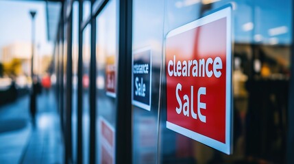 Clearance sale signs displayed prominently in store windows, attracting shoppers with enticing discounts and promotions, reflecting the excitement and urgency of retail bargains.