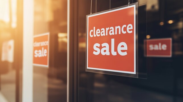 Clearance sale signs displayed prominently in store windows, attracting shoppers with enticing discounts and promotions, reflecting the excitement and urgency of retail bargains.