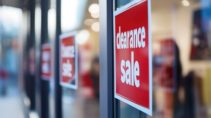 Clearance sale signs displayed prominently in store windows, attracting shoppers with enticing discounts and promotions, reflecting the excitement and urgency of retail bargains.