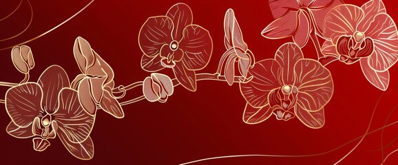 Chinese New Year Red Background with Elegant Chinese-Style Line Drawing Orchid Decoration Pattern, copy space for text or creative graphics.