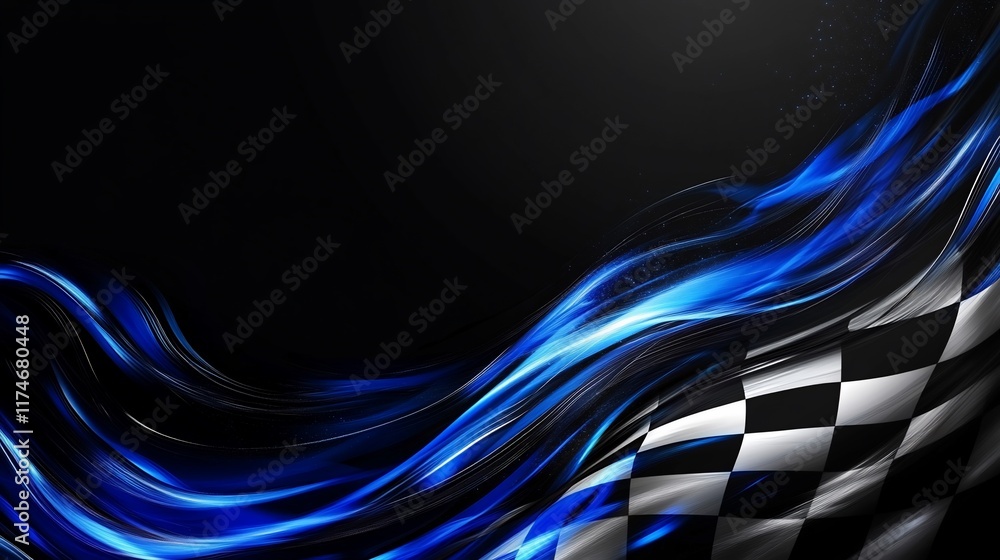Poster abstract checkered flag graphic design with flowing blue flames.