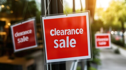 Clearance sale signs displayed prominently in store windows, attracting shoppers with enticing discounts and promotions, reflecting the excitement and urgency of retail bargains.