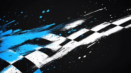 Abstract checkered flag design with blue splatters.