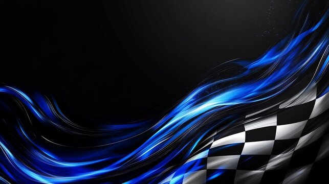 Abstract checkered flag graphic design with flowing blue flames.