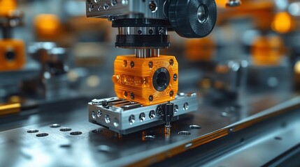 Fototapeta premium Factory robot arm 3D prints orange cube, assembly line