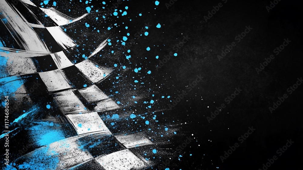 Aufkleber Checkered flag with dynamic motion blur and vibrant blue splashes on a dark background.