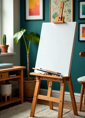 Wooden easel with blank canvas and painting tools near color wall in artist's room
