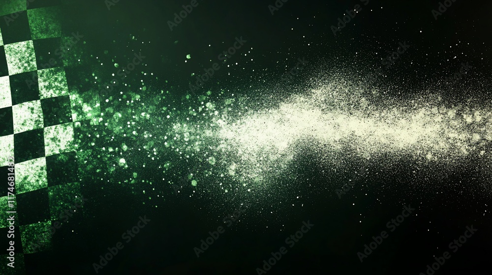 Poster abstract checkered flag with glowing particles and motion blur.