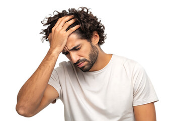 A middle-aged Middle Eastern man with curly dark hair and a beard, looking stressed and holding his head in his hands isolated on transparent background
